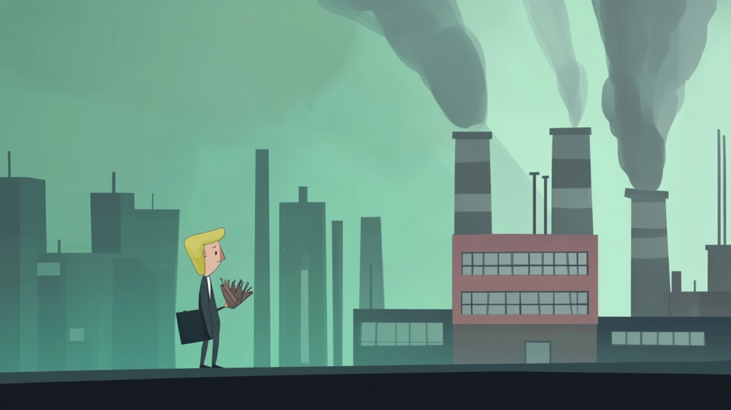 ilustracion de Donald Trump, parado a un lado de una fabrica contaminante