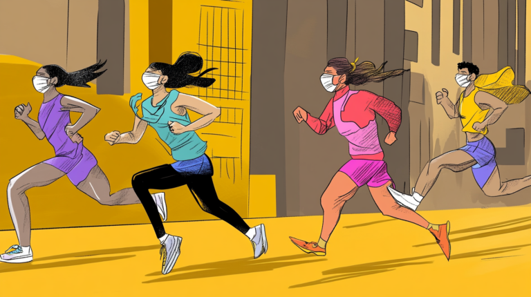 ilustracion de corredores con tapabocas corriendo en la ciudad