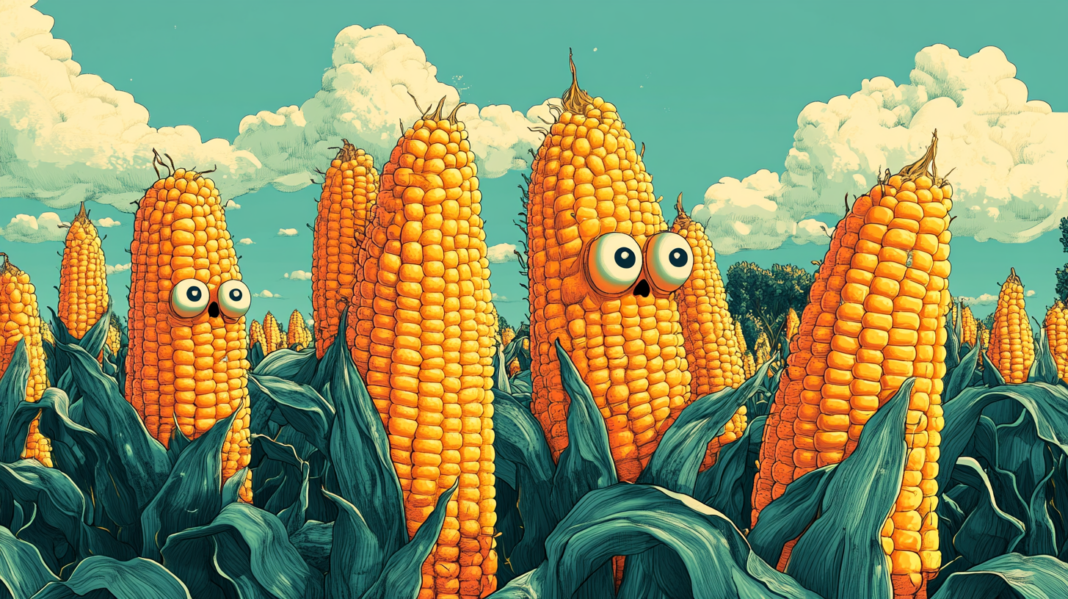 Campo de maíz amarillo donde las mazorcas tienen ojos caricaturescos, expresando sorpresa o miedo, bajo un cielo azul con nubes esponjosas. La ilustración destaca la mezcla entre lo natural y lo surrealista, evocando un mensaje crítico sobre el maíz transgénico.