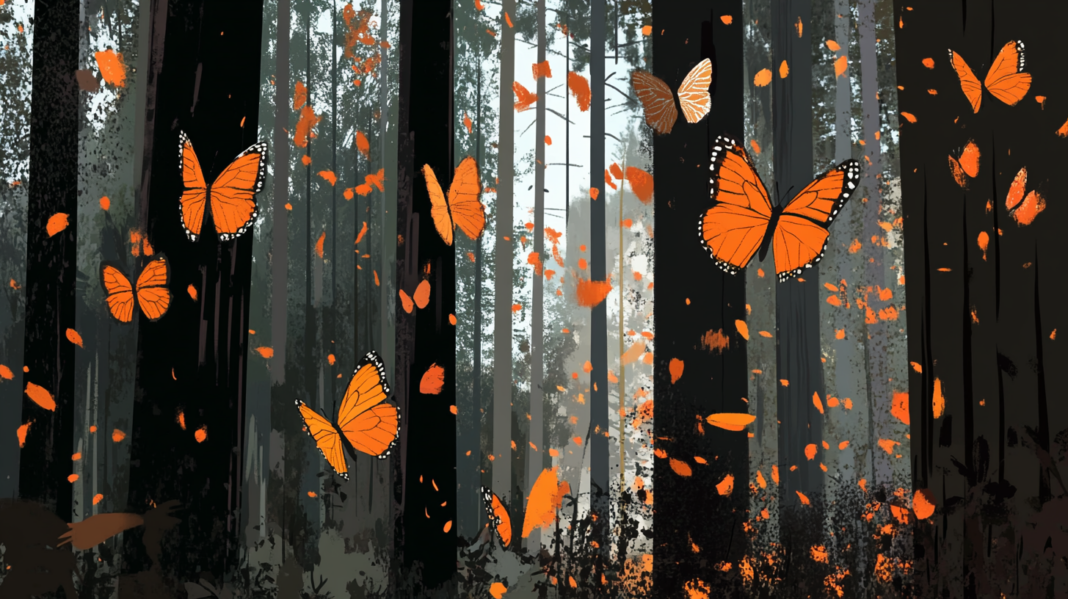 Ilustración de un bosque con mariposas monarca volando entre los árboles.