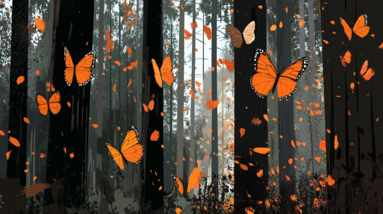 Ilustración de un bosque con mariposas monarca volando entre los árboles.
