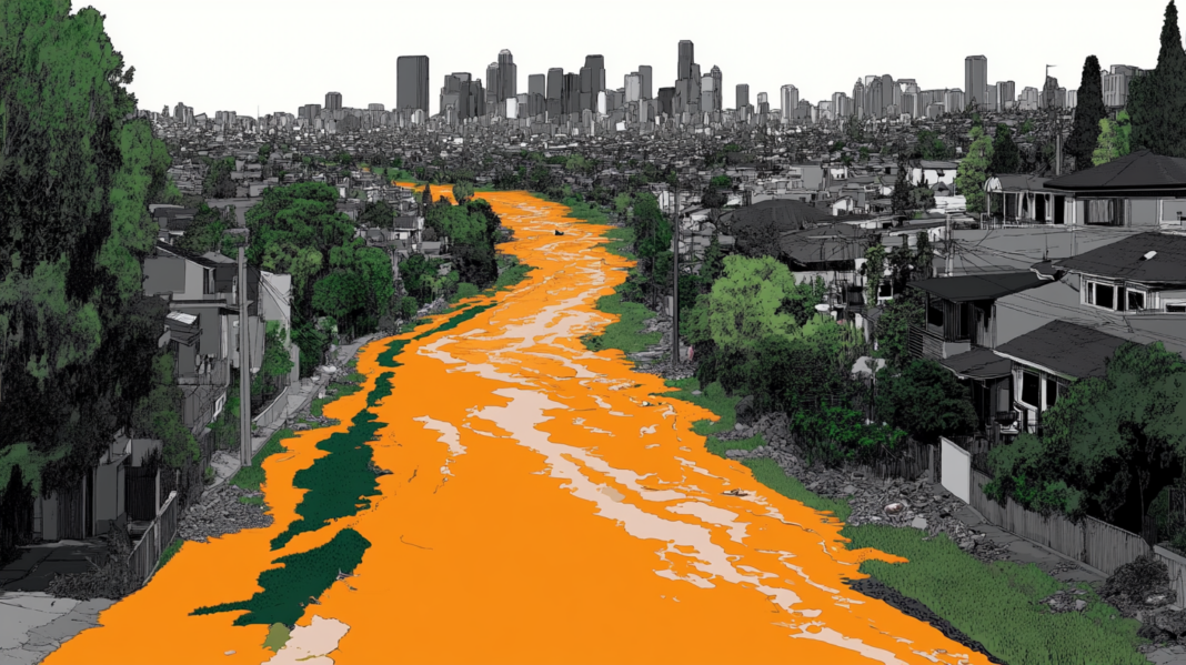 ilustracion de un río contaminado por metales, atravesando la ciudad