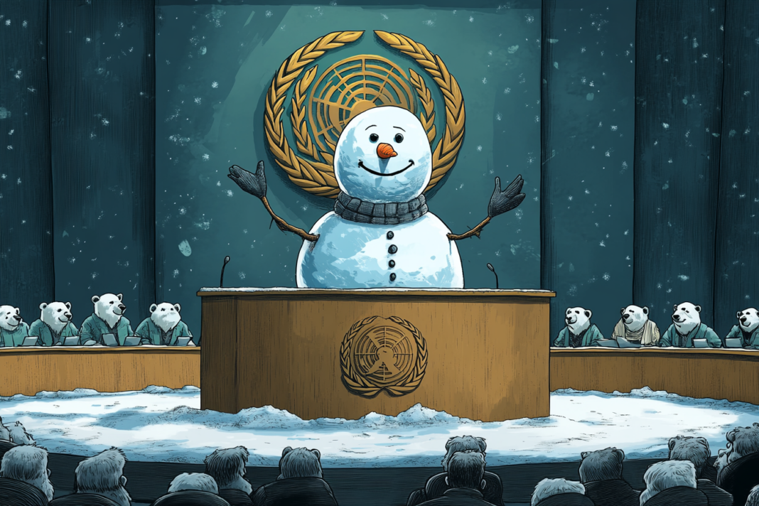 Un muñeco de nieve sonriente dando una conferencia en un podio con el logo de las Naciones Unidas, rodeado de osos polares en un escenario nevado