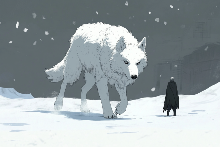 Huargo blanco gigante caminando en la nieve junto a una persona vestida con capa negra, en un paisaje invernal.