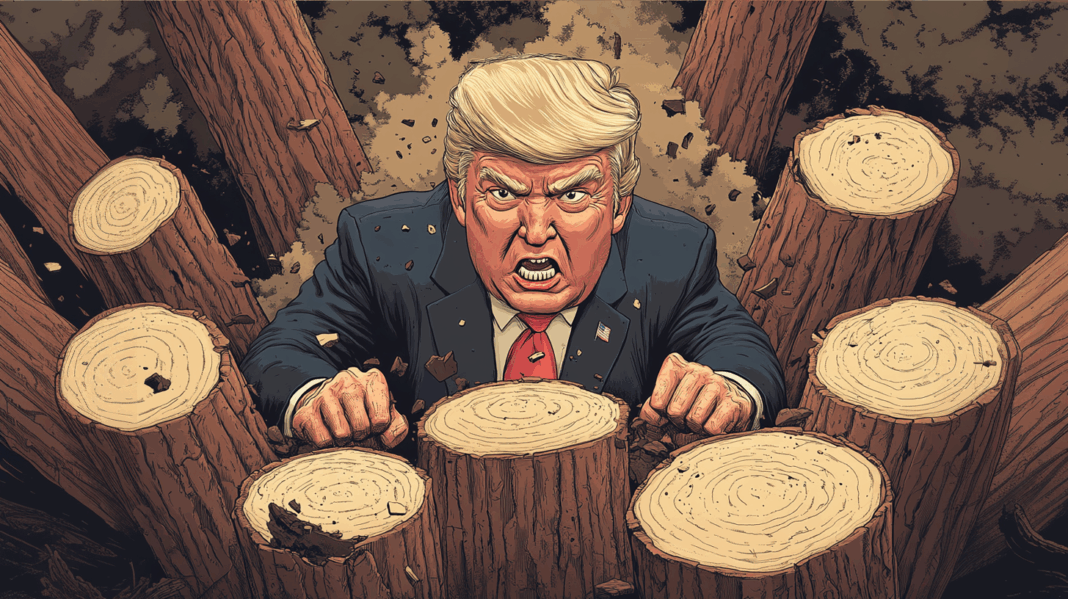 Ilustración de Donald Trump furioso rodeado de árboles talados, representando sus políticas de retroceso ambiental y deforestación en Estados Unidos.