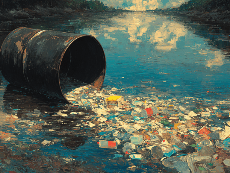 Un barril de petróleo derramado sobre un río libera basura plástica —botellas, bolsas y unicel— que flotan en el agua, simbolizando cómo la industria petrolera alimenta la crisis de la contaminación plástica