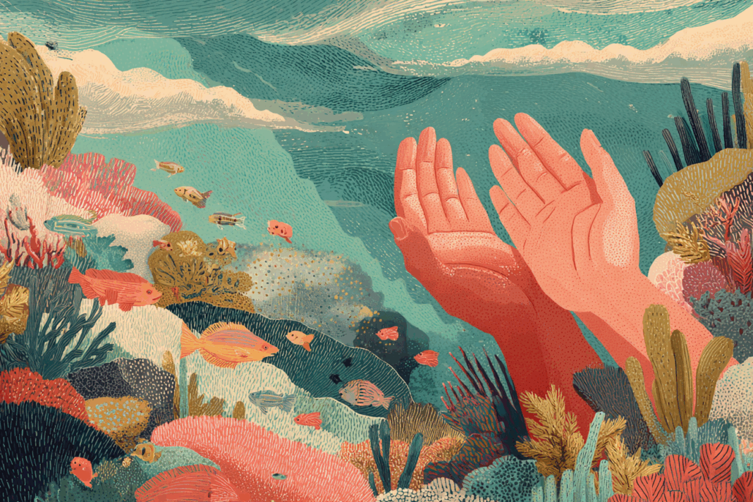 manos-protegen-arrecife-ilustracion-dia-mundial-playas-bluewire.png Ilustración en estilo Jeremyville de dos manos abiertas protegiendo un arrecife de coral con peces de colores, simbolizando la conservación de los océanos para el Día Mundial de las Playas.