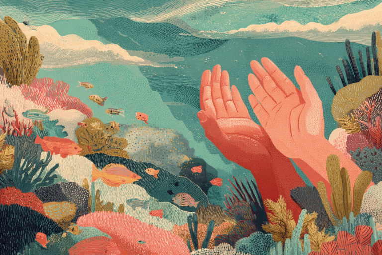 Ilustración en estilo Jeremyville de dos manos abiertas protegiendo un arrecife de coral con peces de colores, simbolizando la conservación de los océanos para el Día Mundial de las Playas.