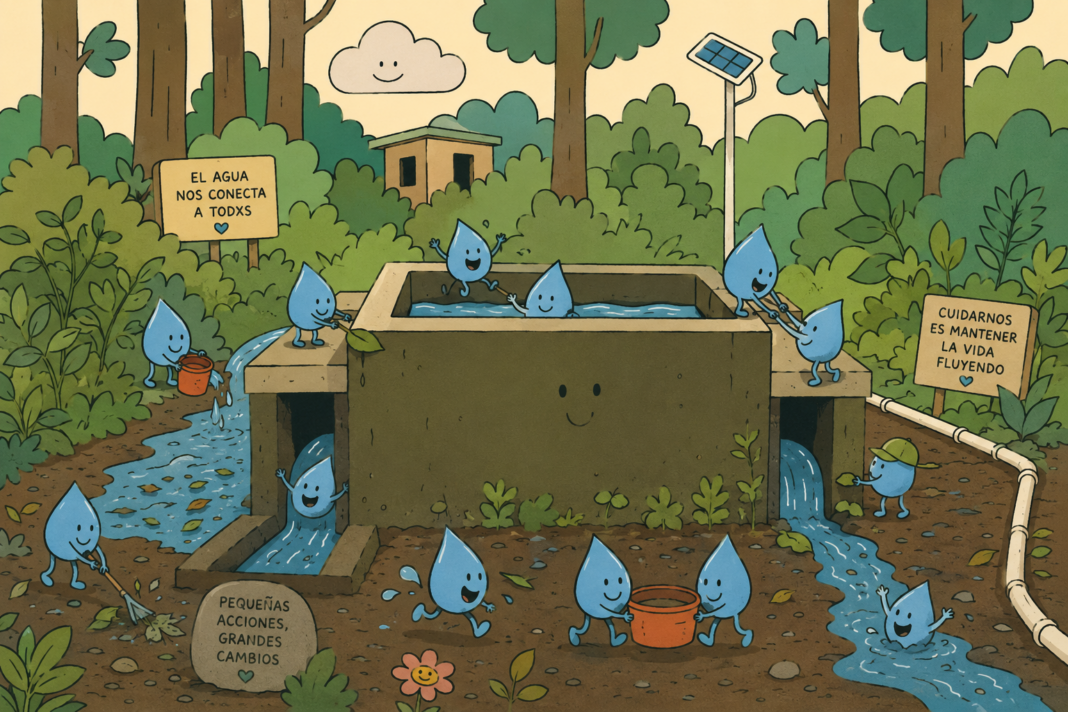 Ilustración colorida de un sistema de agua en medio del bosque. Varias gotas de agua con caritas y brazos colaboran entre plantas, canales y una estructura de concreto, mientras pequeños letreros transmiten mensajes sobre el cuidado del agua, la comunidad y las acciones colectivas.